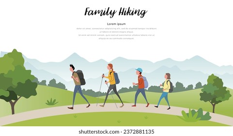 Vector illustration material: family hiking, mountain climbing