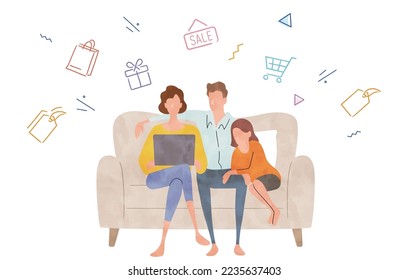 Vector illustration material: Family shopping online with a laptop