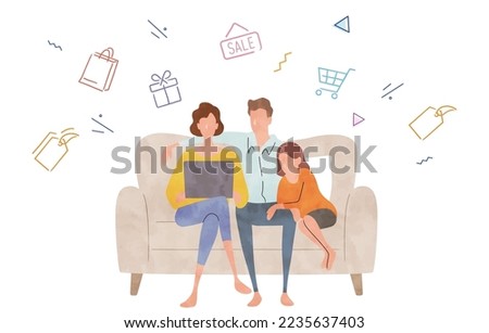 Vector illustration material: Family shopping online with a laptop
