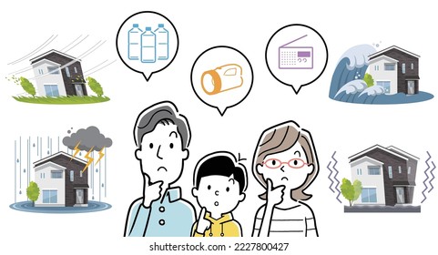 Vector illustration material: Family thinking about preparing for disaster