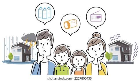 Vector illustration material: Family thinking about preparing for disaster