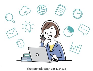 Vector Illustration Material: Female business person making a phone call while working on a computer