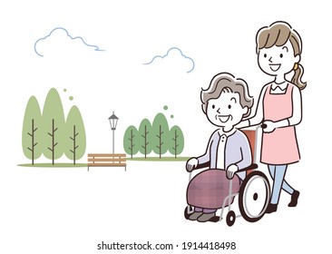 Vector illustration material: Female care staff walking while pushing a senior woman in a wheelchair