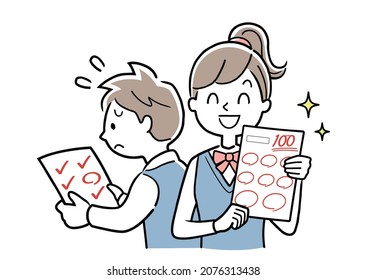 Vector illustration material: Female students with a perfect score of 100 on the test and male students with poor grades