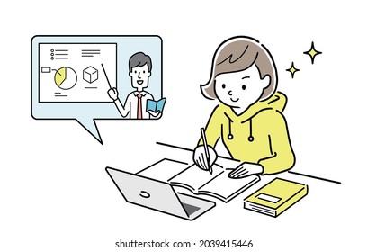 Vector illustration material: Girl taking remote lessons using a computer