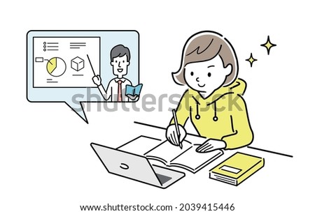 Vector illustration material: Girl taking remote lessons using a computer