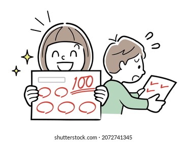 Vector Illustration Material: Girls with 100 points on the test and boys with poor grades