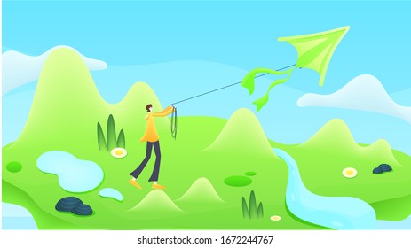 Vector illustration material for girls flying kites on the grass under the mountains in spring
