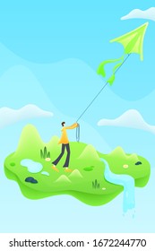 Vector illustration material for girls flying kites on the grass under the mountains in spring