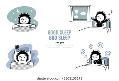 Vector illustration material: go to bed, wake up, sleep, wake up, child