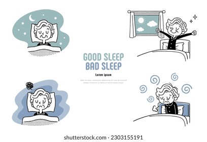 Vector illustration material: going to bed, getting up, sleeping, getting up, senior woman
