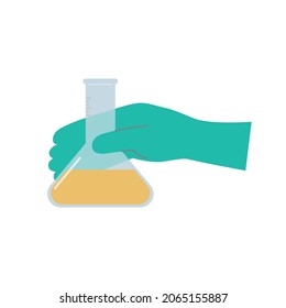 Vector illustration material of hand holding a flask during the experiment.