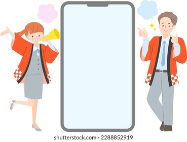Vector illustration material of home appliance store and shop clerk introducing on smartphone screen