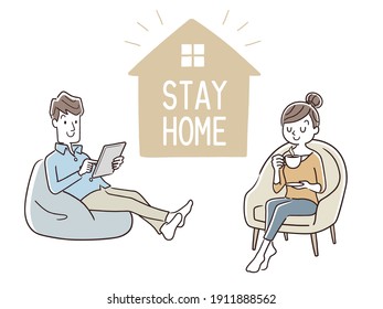 Vector Illustration Material: Home time, stay home, couples spending time at home, couples