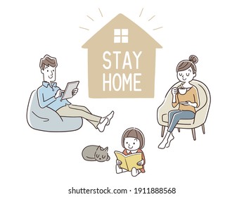 Vector Illustration Material: Home Time, Stay Home, Family Reading at Home