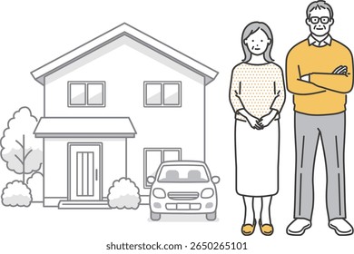 Material de ilustração vetorial de uma casa, um carro e um casal sênior