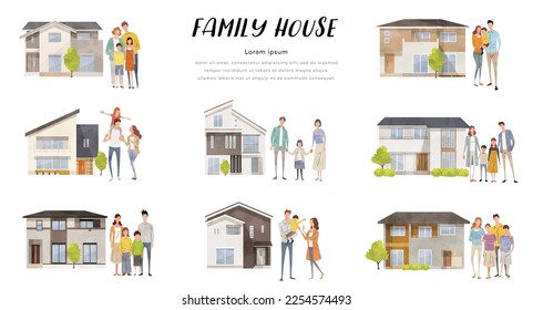 Vector illustration material: house and family, residence, set