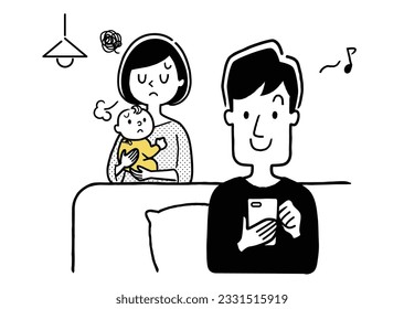 Vector illustration material: Husband looking at smartphone without participating in childcare