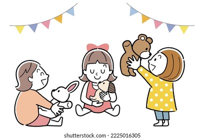 Vector illustration material: Little girls playing with stuffed animals