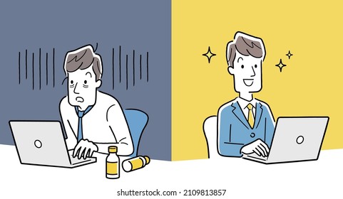 Vector Illustration Material: Male businessman working well and male businessman tired