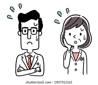 Vector Illustration Material: Male and Female Doctors with Troublesome Facial Expressions