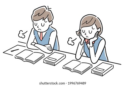 Vector illustration material: Male and female students who are not motivated to study