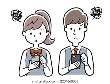 Vector illustration material: Male and female students who use smartphones, troubled