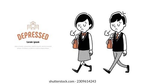 Vector illustration material: male and female students walking depressed