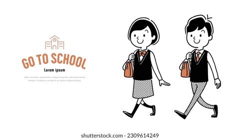 Vector illustration material: male and female students walking in uniform