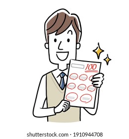 Vector illustration material: Male student who gets 100 points in the test