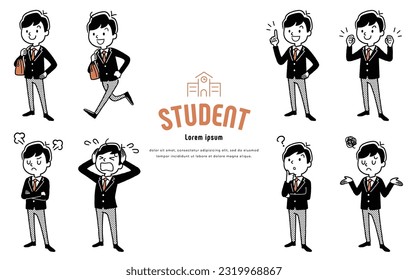 Vector illustration material: male student, person set