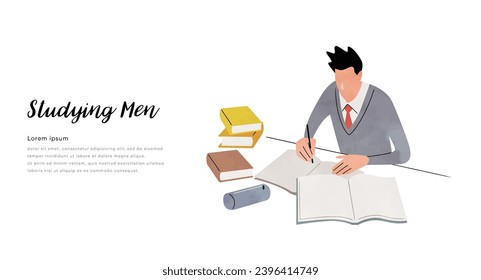 Vector illustration material: male student studying in the room