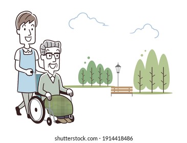 Vector Illustration Material: A man in a care staff who pushes a senior man in a wheelchair and takes a walk