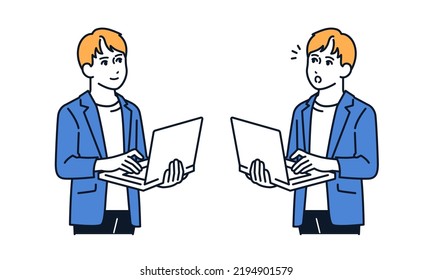 Vector illustration material of a man in a casual suit with a laptop