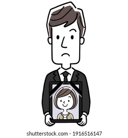 Vector illustration material: A man in mourning, with the remains of his wife