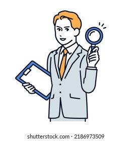 Vector illustration material of man in suit with magnifying glass and binder