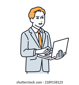 Vector illustration material of man in suit with laptop computer