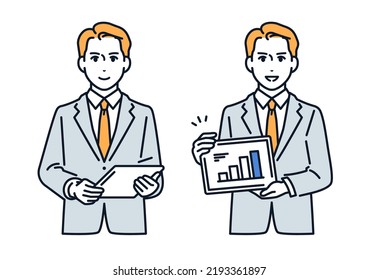 Vector illustration material of a man in a suit explaining with a tablet terminal