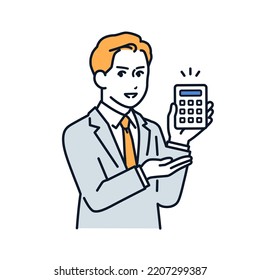 Vector illustration material of a man in a suit presenting an estimated amount on a calculator