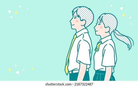 Vector illustration material of man and woman students in summer clothes