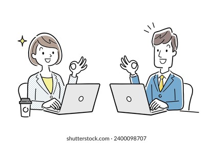 Vector illustration material: A man and a woman give the OK sign while working on a computer