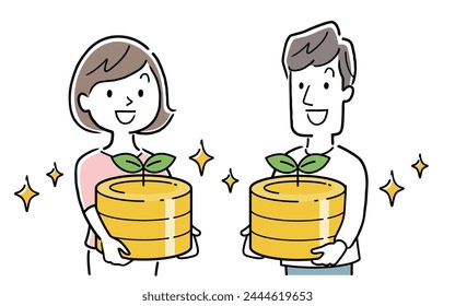 Vector illustration material: A man and a woman who are raising the money and points they are managing