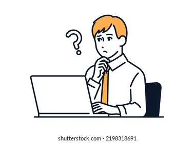 Vector illustration material of a man worried in front of a laptop