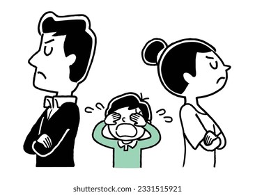 Vector illustration material: marital quarrel, sad child, divorce crisis