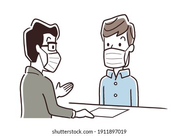 Vector illustration material: Men wearing masks, window, customer service, reception, correspondence