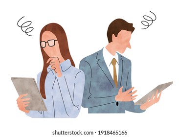 Vector illustration material: Men and women using tablets, business scene