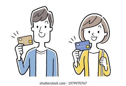 Vector Illustration Material: Men and Women with Credit Cards