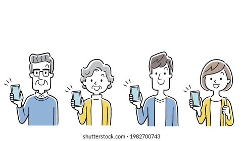 Vector illustration material: Men and women of young and senior generation with smartphones