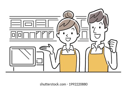 Vector Illustration Material: Men and women working in cafes and convenience stores