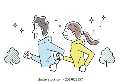 Vector Illustration Material: Men and women, couples, couples jogging outside